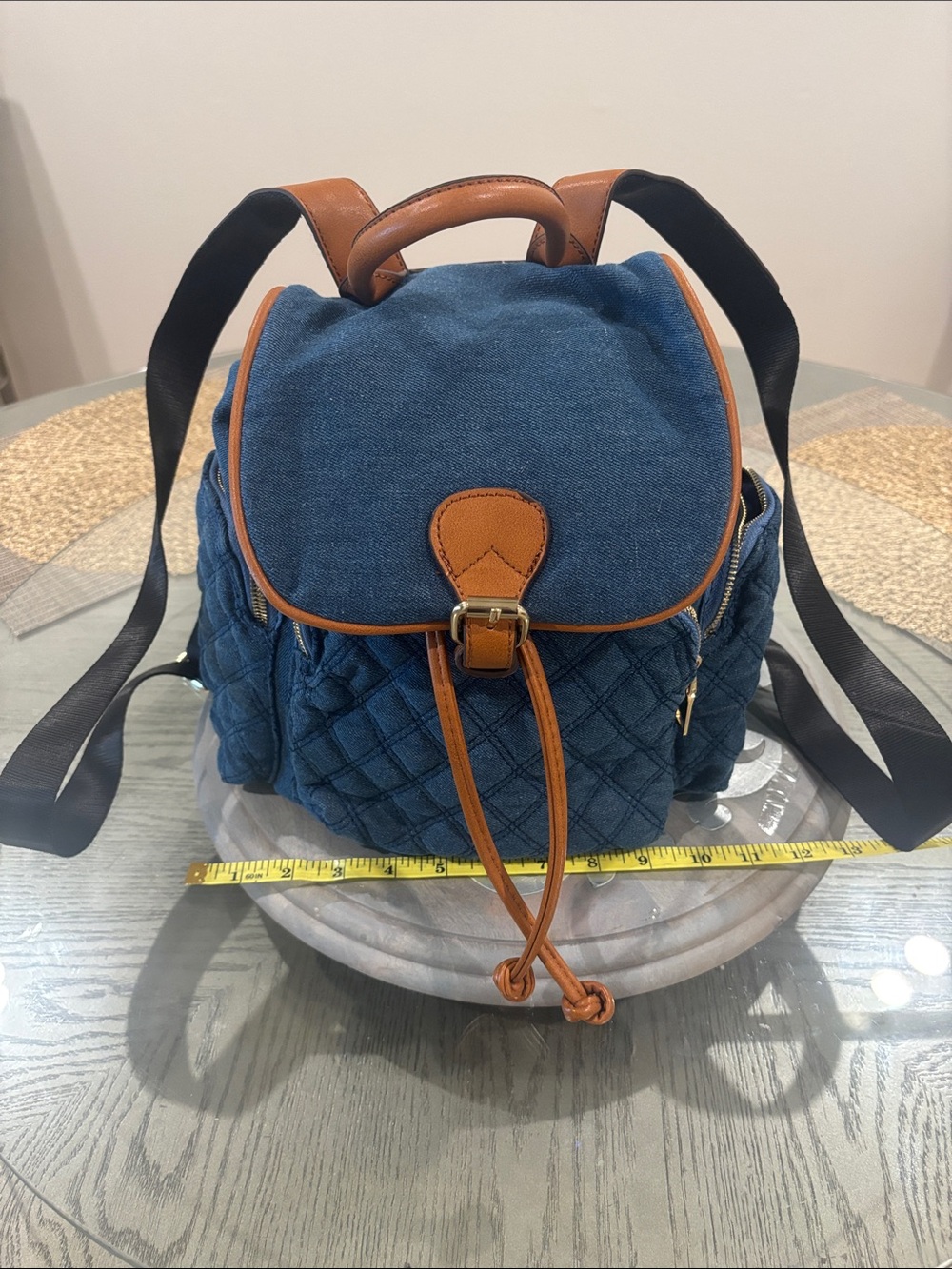 Blue Denim Quilted Backpack with Brown Trim - Stylish Everyday Bag